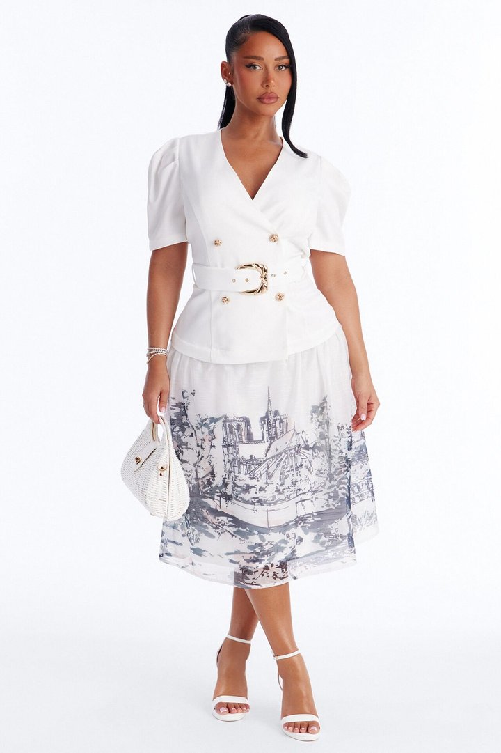 Margaret Belted Print Midi Dress - White/Blue