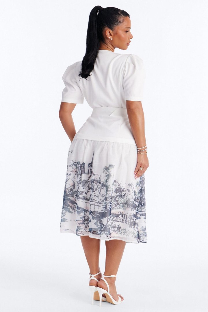 Margaret Belted Print Midi Dress - White/Blue