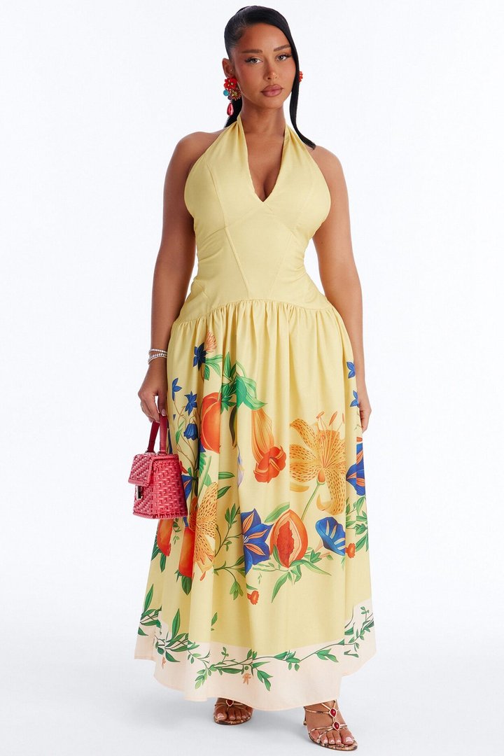 Summer Goddess Halter Maxi Dress - Yellow