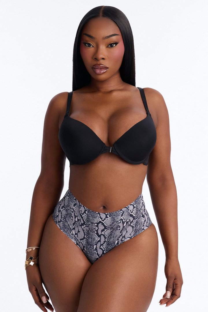 No Show Microfiber Smooth Snake Brazilian Panty - Grey/Black