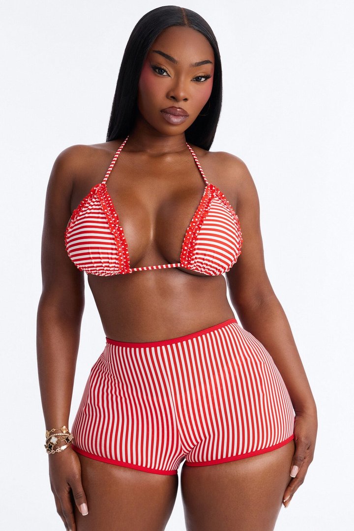 Summertime Fun 3 Piece Bikini & Shorts Sunsuit - Red/White