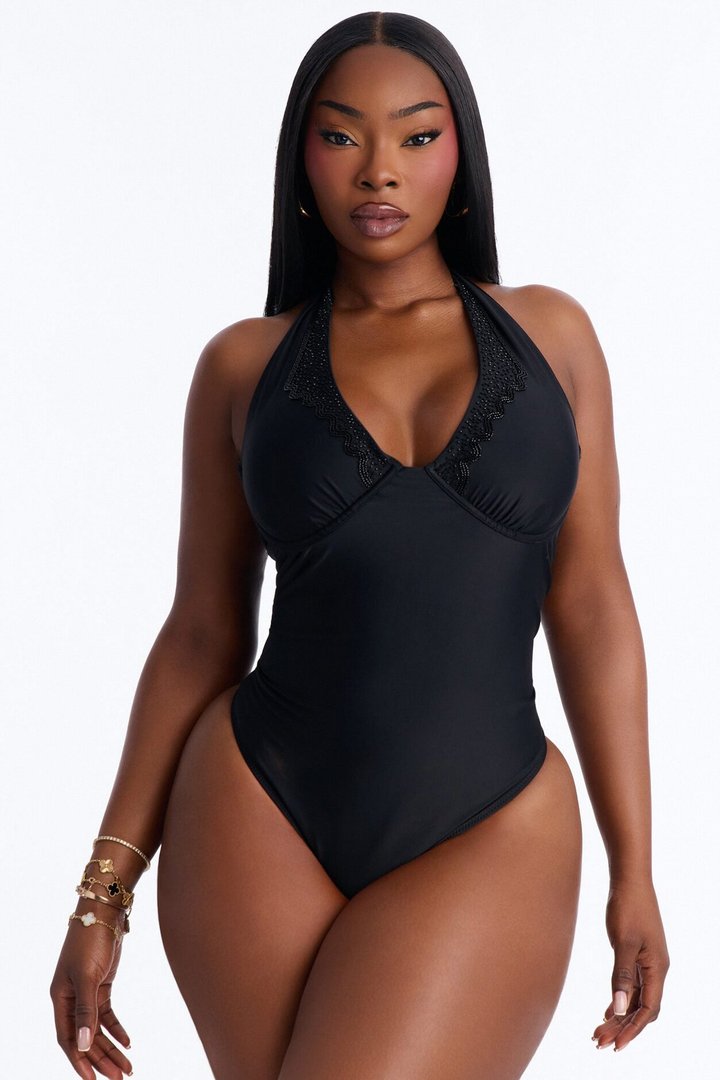 Alana Underwire Rhinestone 1 Piece Swimsuit - Black