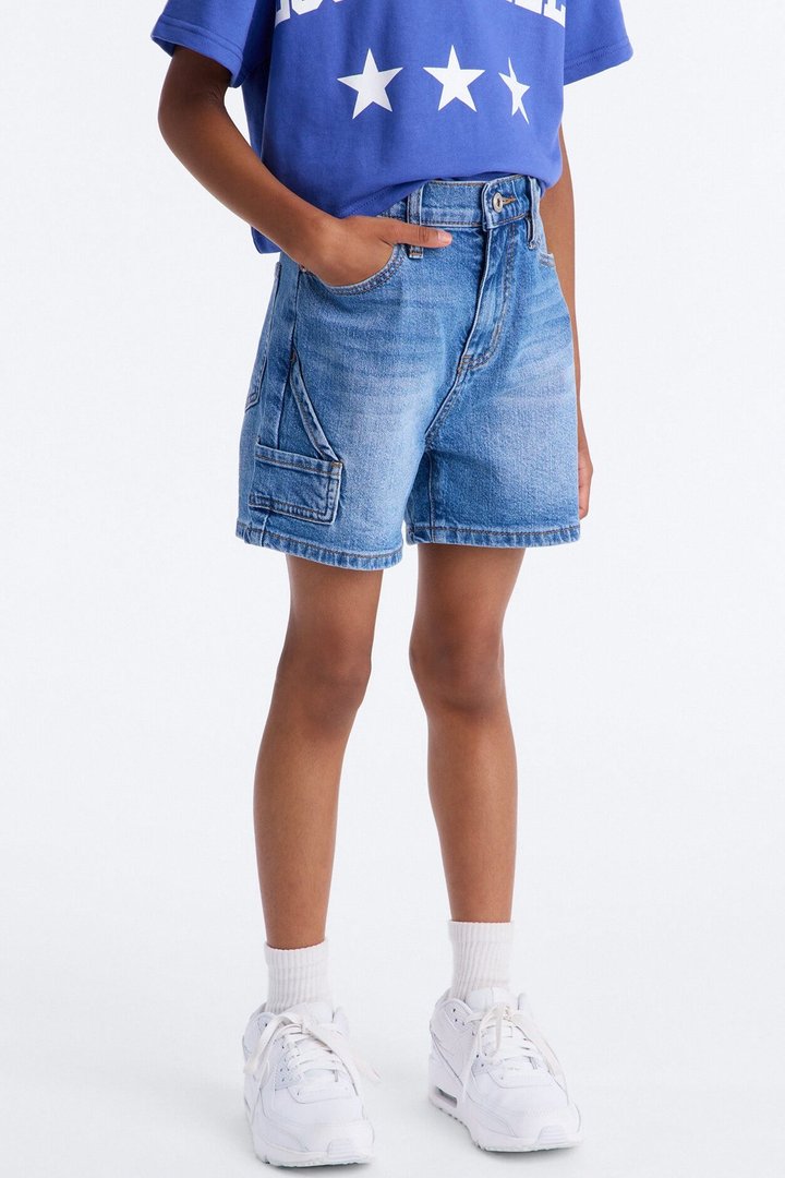 Mini Same Page Stretch Denim Utility Shorts - Medium Wash
