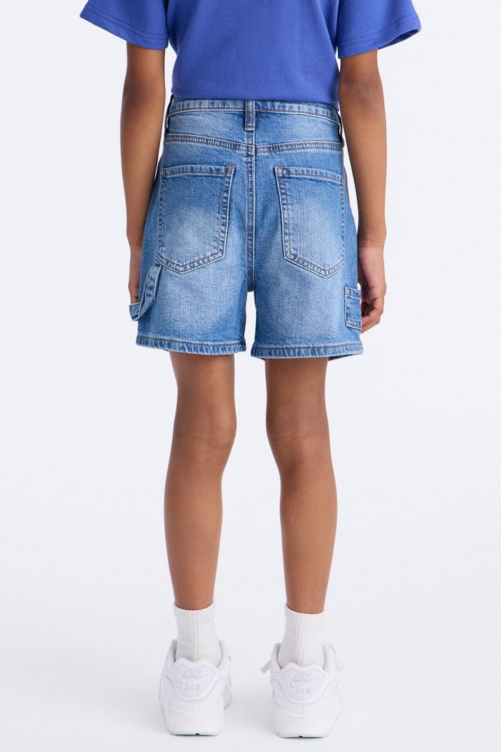 Mini Same Page Stretch Denim Utility Shorts - Medium Wash