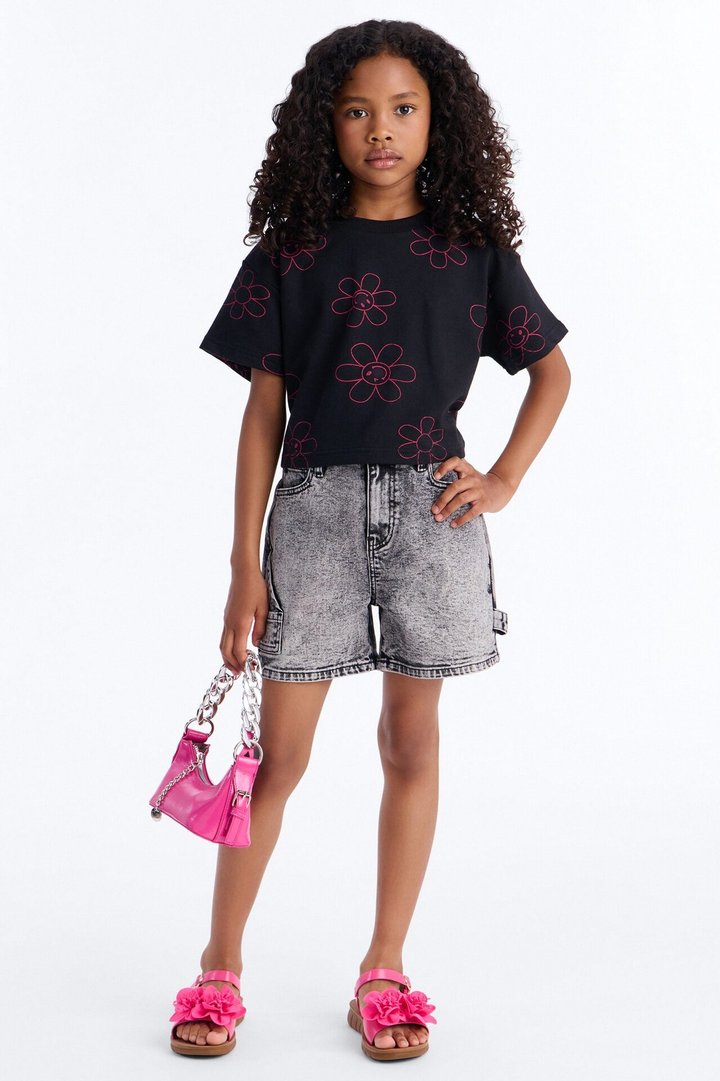 Mini Same Page Stretch Denim Utility Shorts - Black Wash