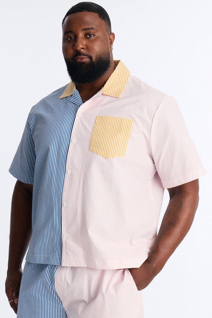 Relaxed Day Party Seersucker Striped Cuban Collar Button Up Shirt - Multi Color