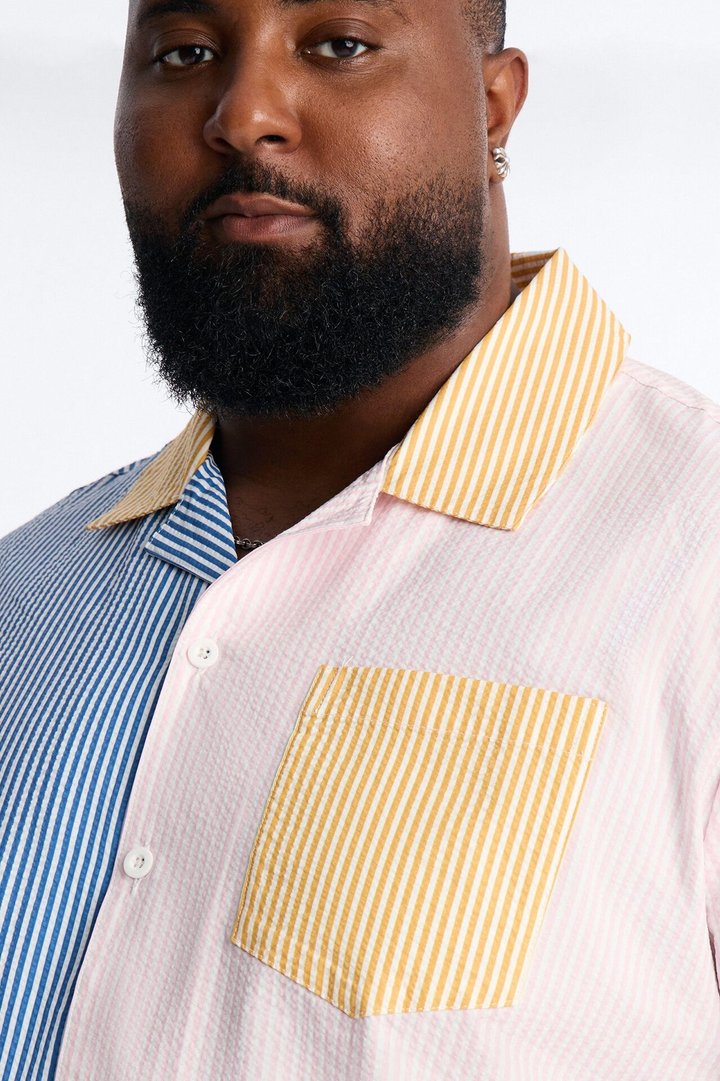 Relaxed Day Party Seersucker Striped Cuban Collar Button Up Shirt - Multi Color