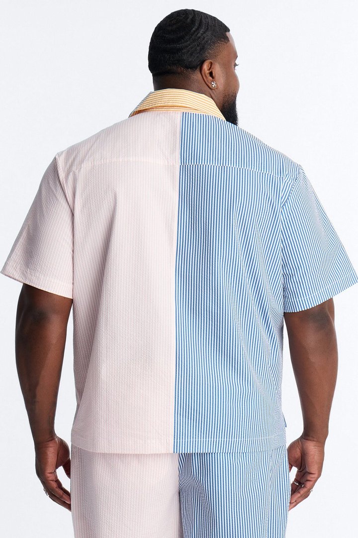 Relaxed Day Party Seersucker Striped Cuban Collar Button Up Shirt - Multi Color