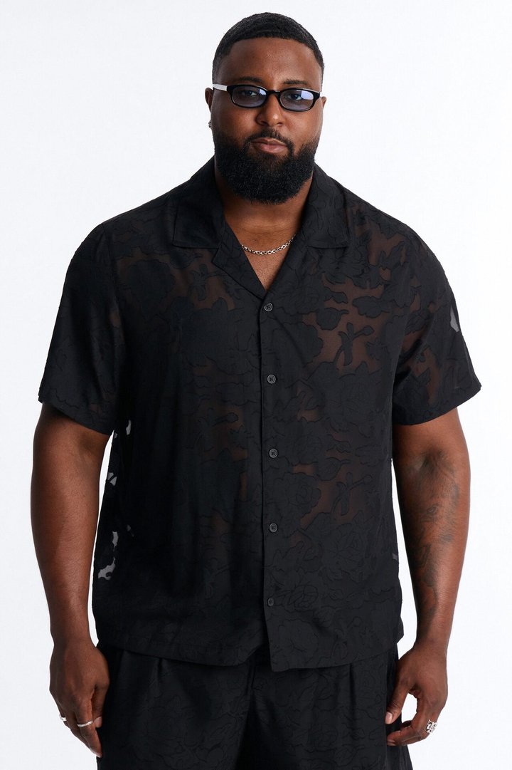 Duskforged Desert Rose Cuban Collar Button Up Shirt - Black