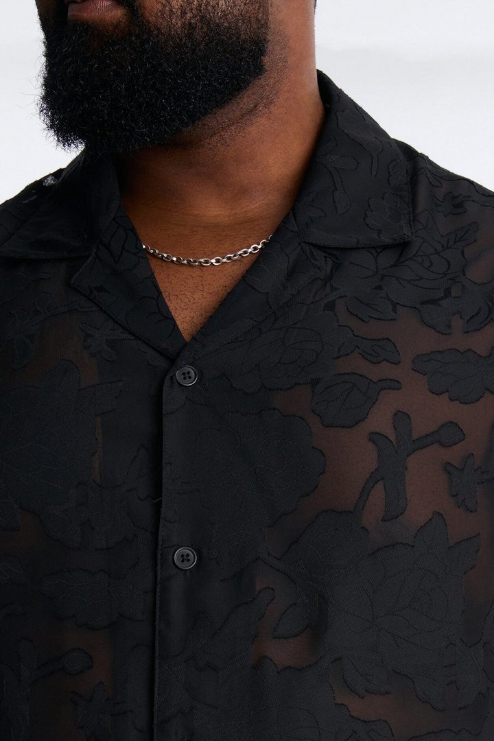 Duskforged Desert Rose Cuban Collar Button Up Shirt - Black