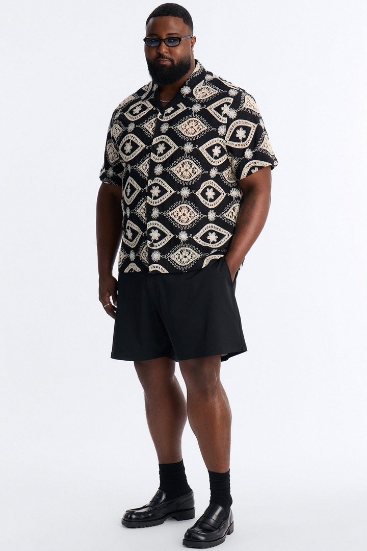 Floral Ties Short Sleeve Cuban Collar Button Up Shirt - Black