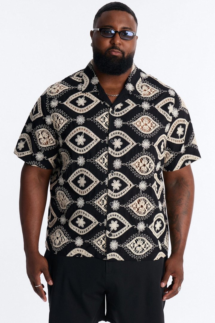 Floral Ties Short Sleeve Cuban Collar Button Up Shirt - Black
