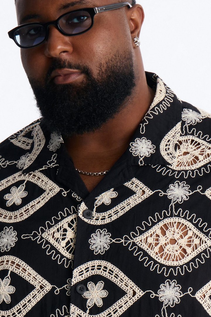 Floral Ties Short Sleeve Cuban Collar Button Up Shirt - Black