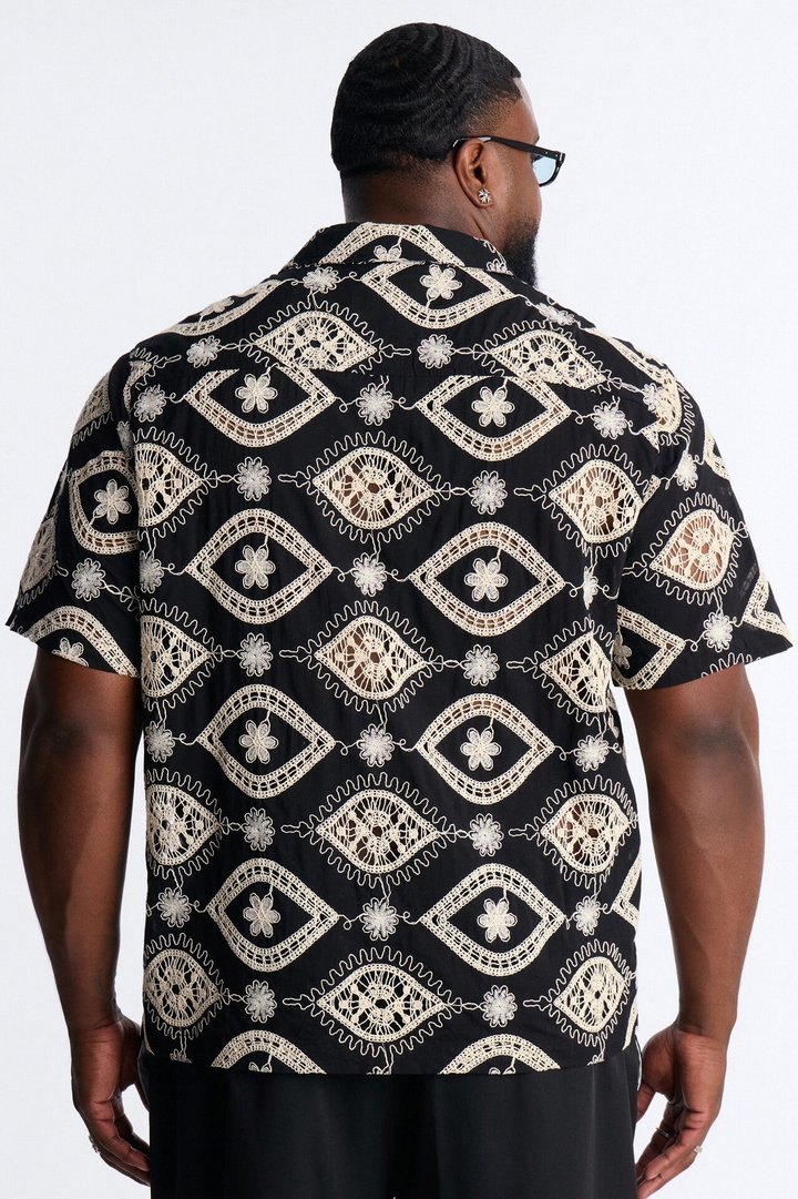Floral Ties Short Sleeve Cuban Collar Button Up Shirt - Black