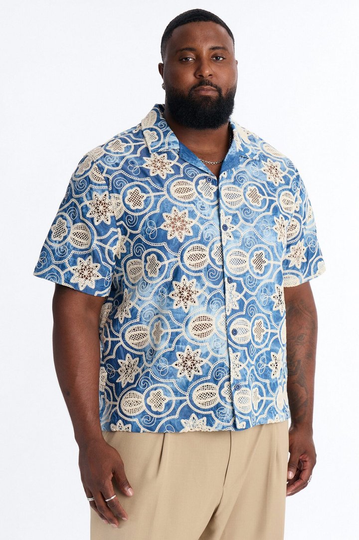 Floral Ties Washed Short Sleeve Cuban Collar Button Up Shirt - Blue