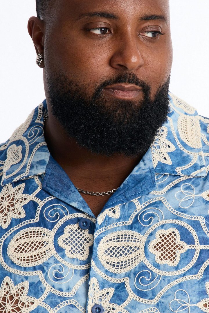 Floral Ties Washed Short Sleeve Cuban Collar Button Up Shirt - Blue