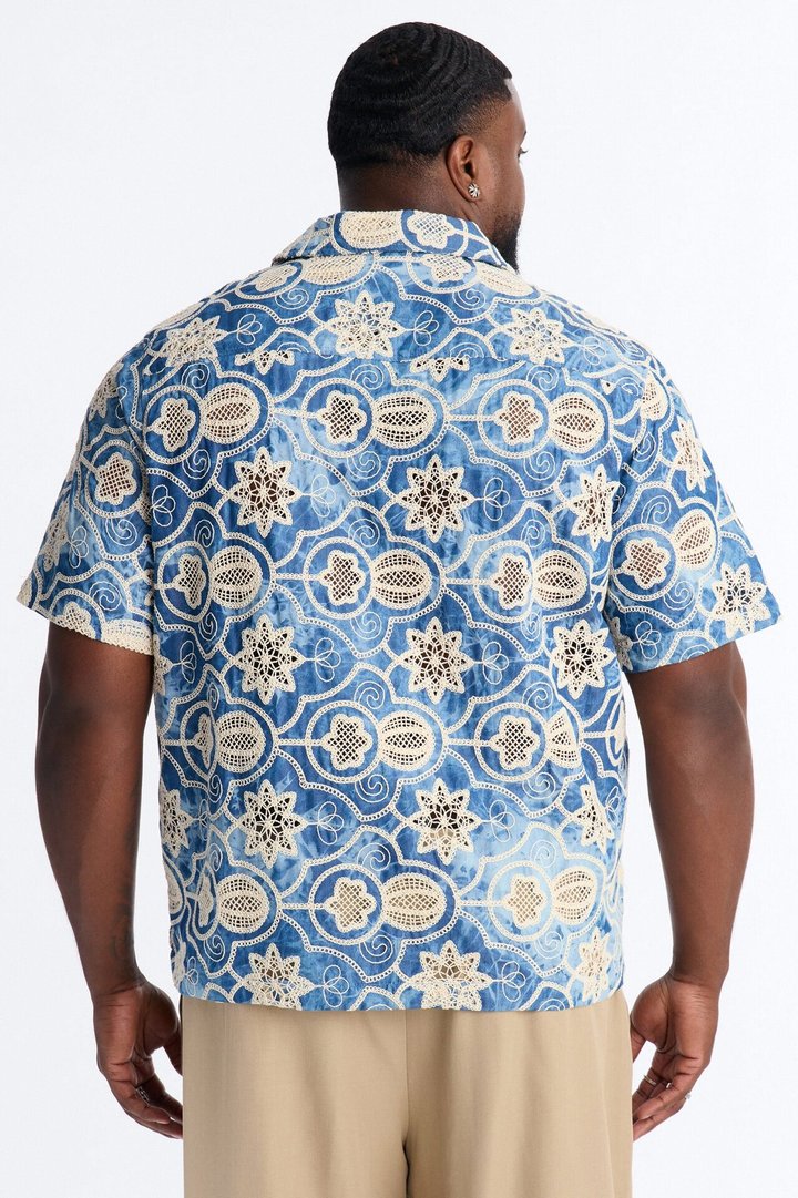 Floral Ties Washed Short Sleeve Cuban Collar Button Up Shirt - Blue