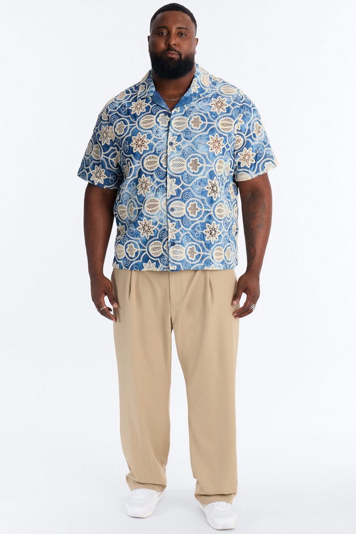 Floral Ties Washed Short Sleeve Cuban Collar Button Up Shirt - Blue