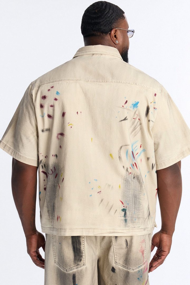 Cropped Hope Street Splatter Denim Button Up Shirt - Cream