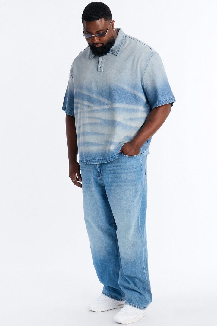Boxy Faded Wave Denim Polo - Light Blue Wash
