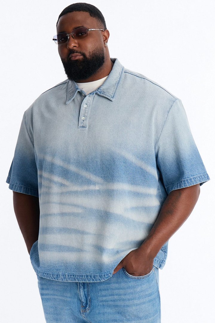 Boxy Faded Wave Denim Polo - Light Blue Wash