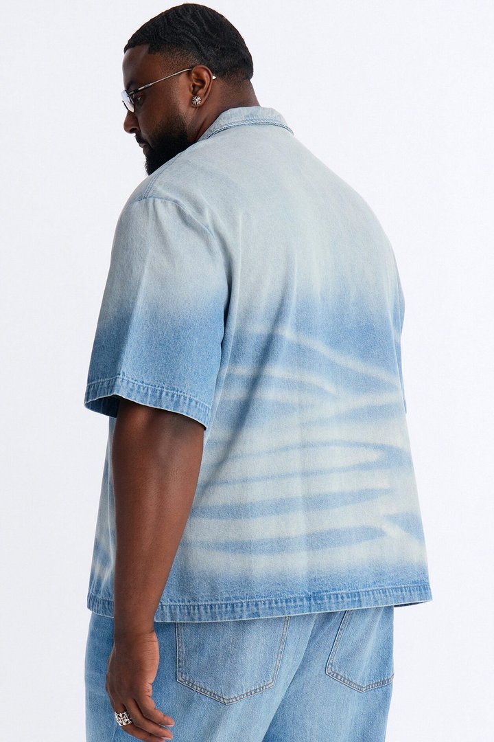 Boxy Faded Wave Denim Polo - Light Blue Wash