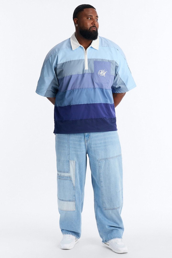 Oversized Frayed Zip Collar Polo - Blue