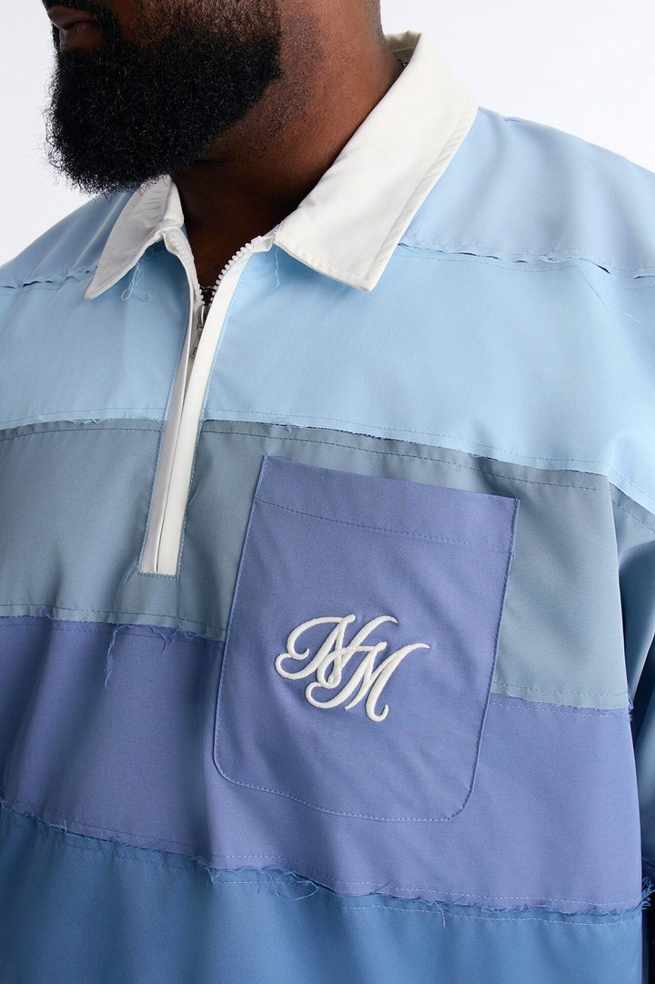 Oversized Frayed Zip Collar Polo - Blue