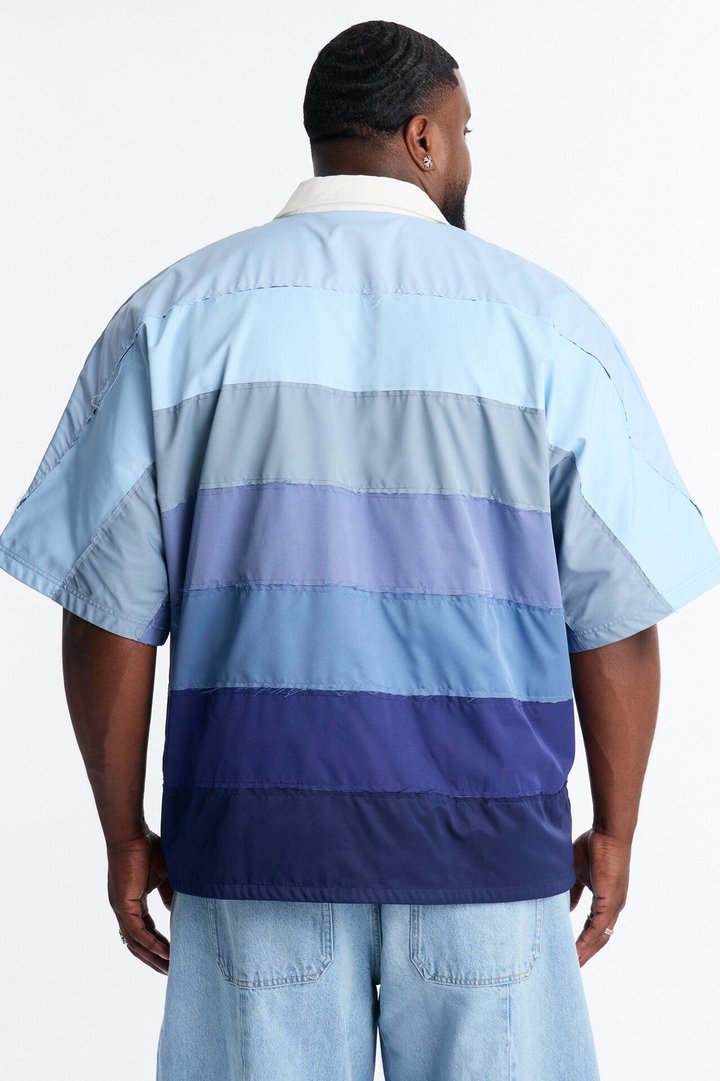 Oversized Frayed Zip Collar Polo - Blue