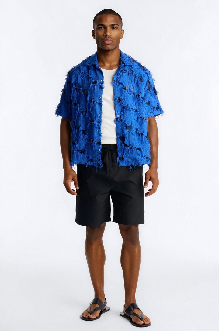 Relaxed Desert Oracle Cuban Collar Button Up Shirt - Blue