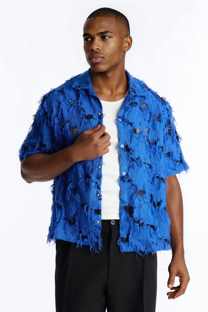 Relaxed Desert Oracle Cuban Collar Button Up Shirt - Blue