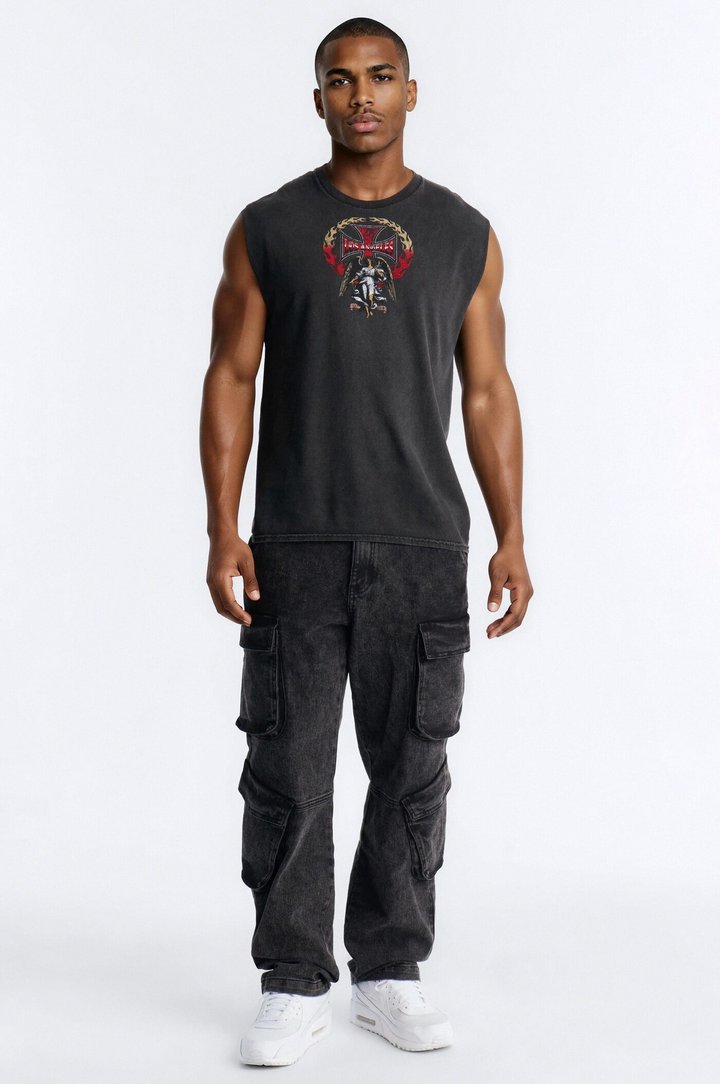Los Angeles Angel Vintage Print Muscle Tank Shirt - Black