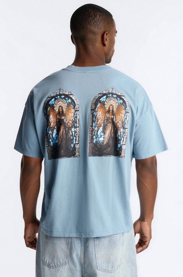 Hope Dept Angel Stained Colored Glass Vintage Oversized Print Short Sleeve Tee - Indigo