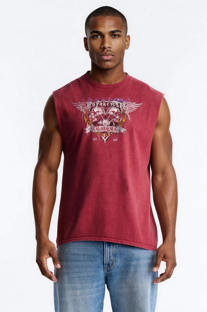 American Tour Motorcycles Skull Vintage Print Muscle Tank Shirt - Red