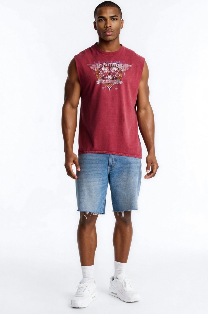 American Tour Motorcycles Skull Vintage Print Muscle Tank Shirt - Red