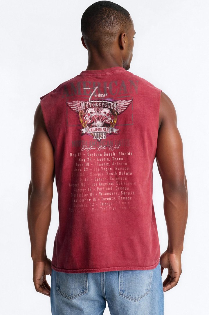 American Tour Motorcycles Skull Vintage Print Muscle Tank Shirt - Red