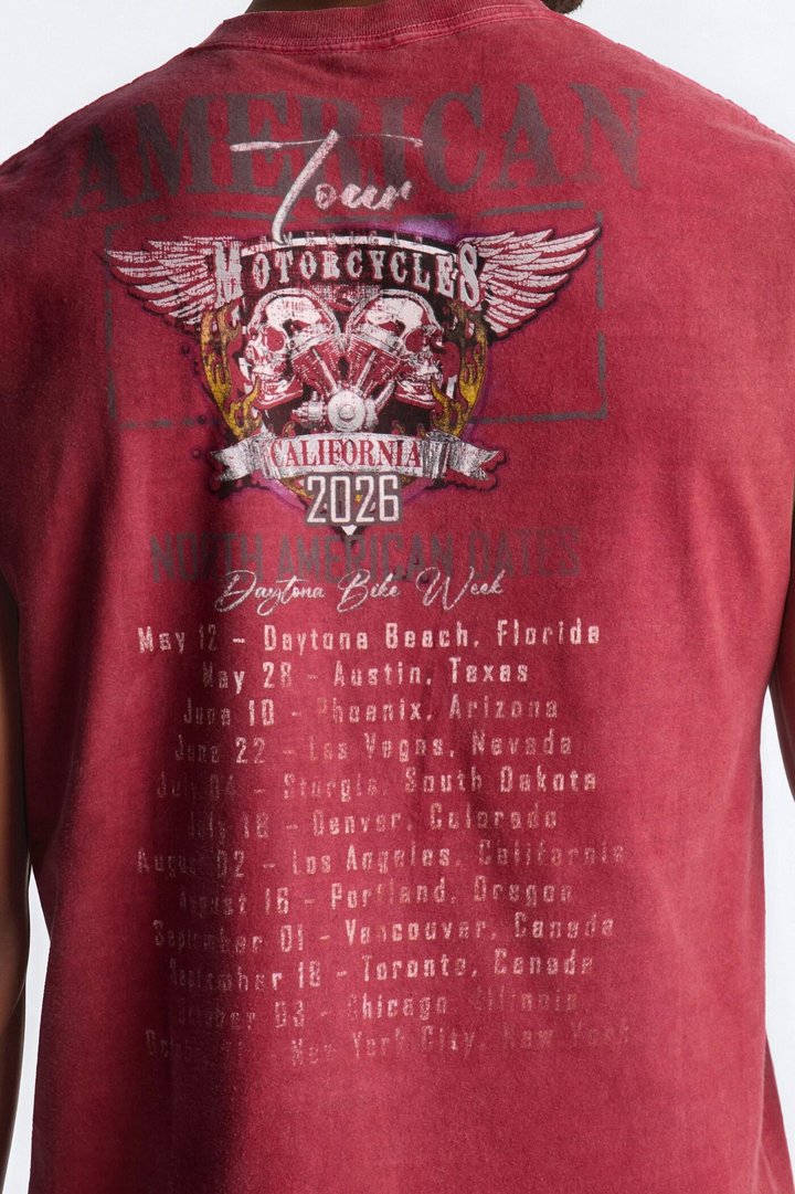 American Tour Motorcycles Skull Vintage Print Muscle Tank Shirt - Red