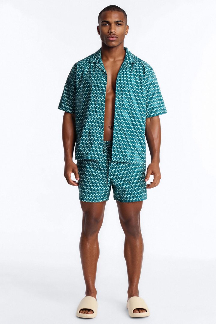Relaxed Disco Plunge Geometric Cuban Collar Button Up Shirt - Teal/combo