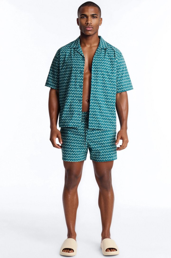 Disco Plunge Geometric Swim Trunk 4″ - Teal/combo