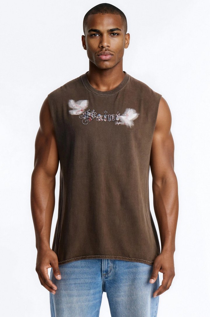 Saint Doves And Angel Vintage Print Muscle Tank Shirt - Taupe