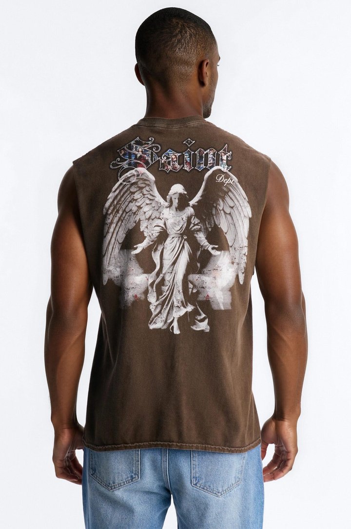 Saint Doves And Angel Vintage Print Muscle Tank Shirt - Taupe