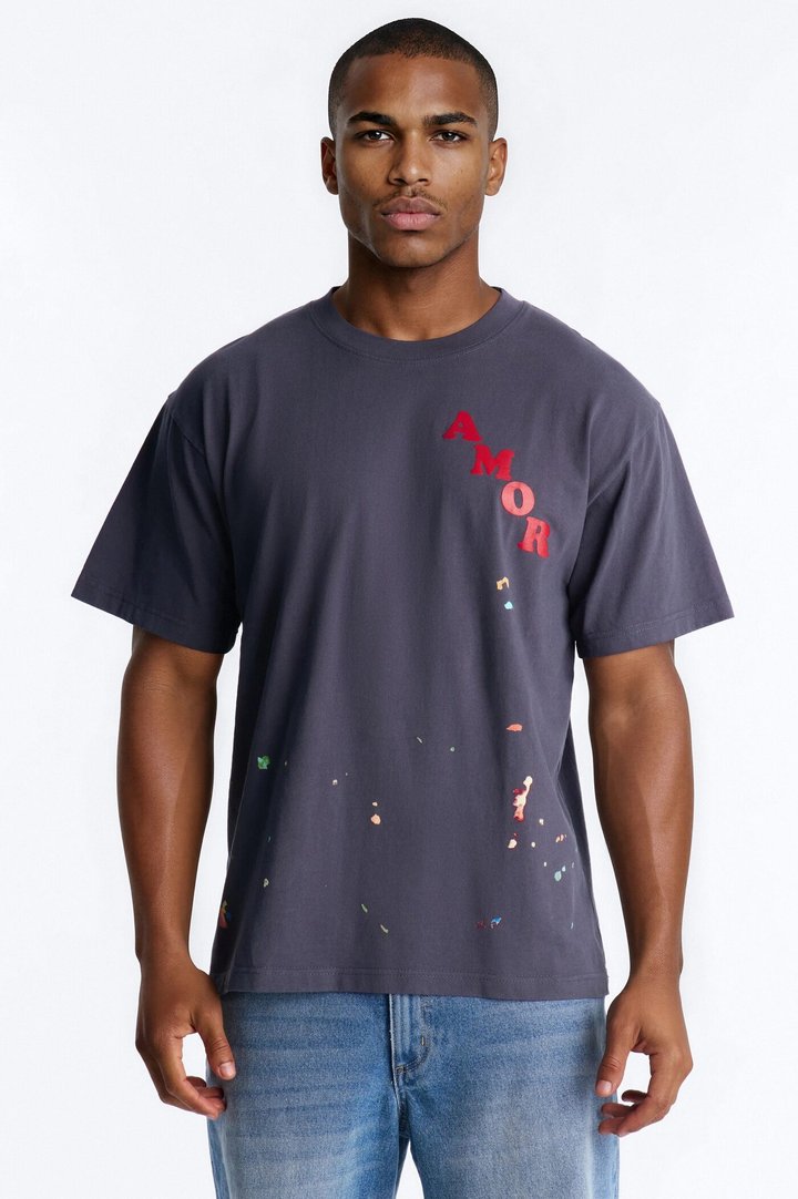Amor Paint Splatter Oversized Heavy Weight Short Sleeve Tee - Navy