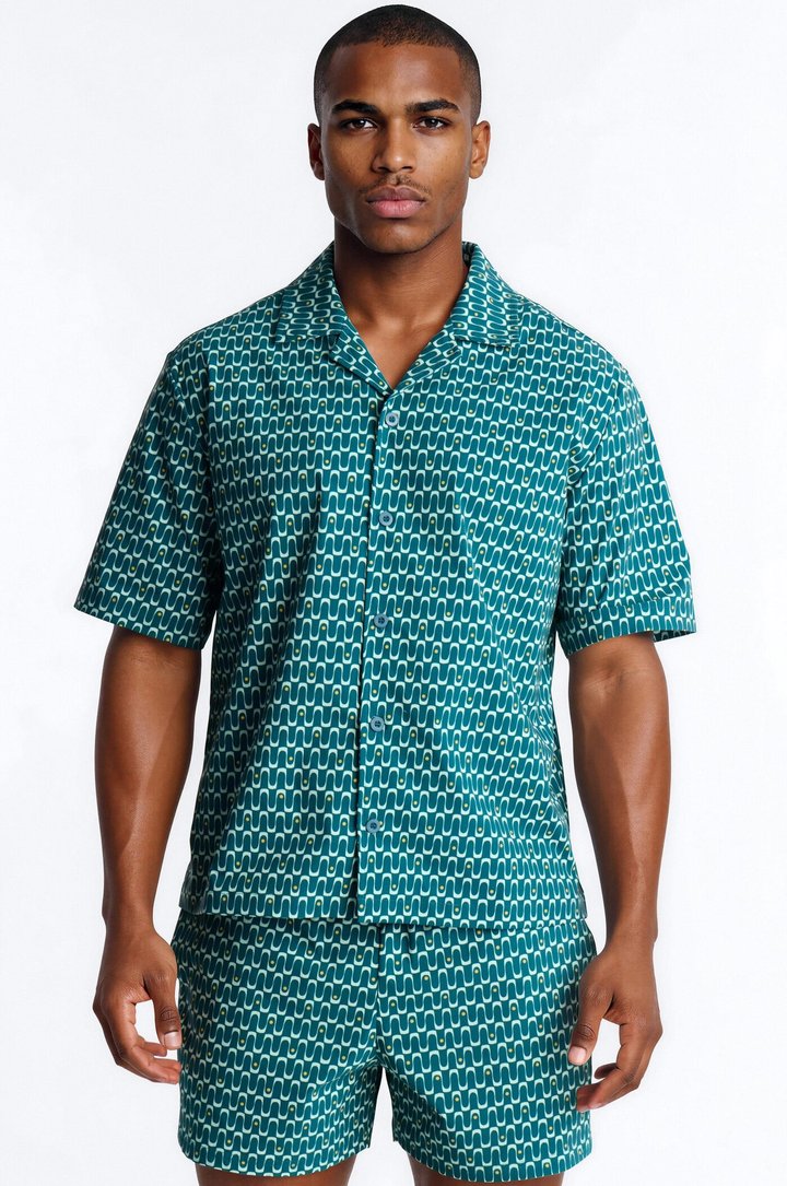Relaxed Disco Plunge Geometric Cuban Collar Button Up Shirt - Teal/combo