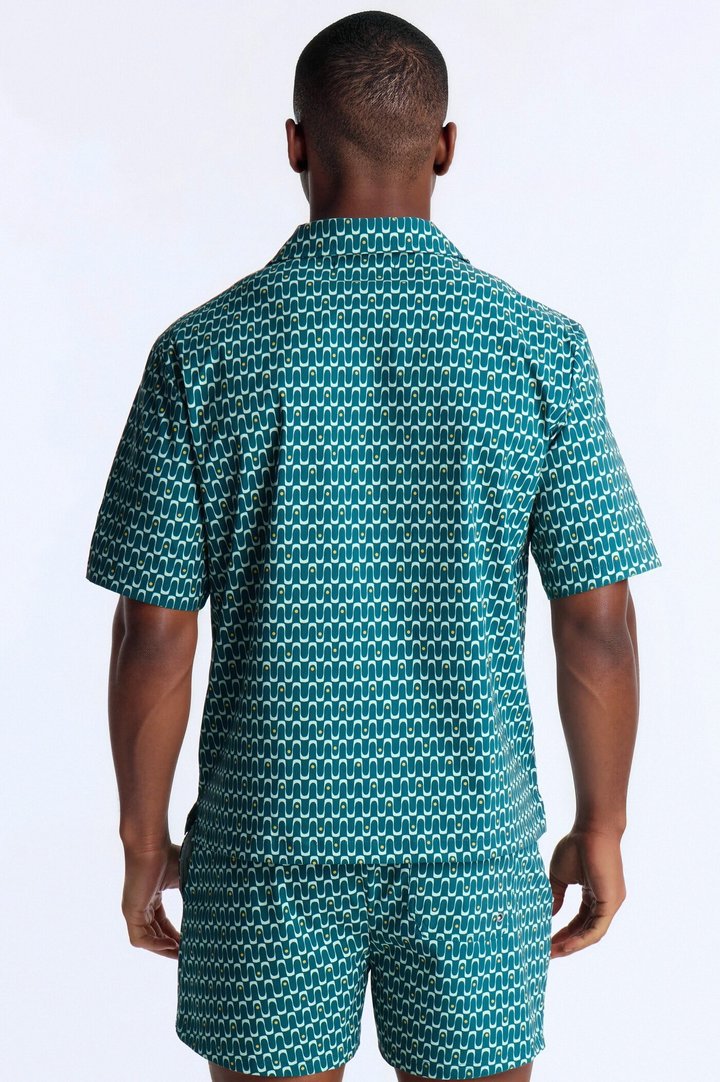 Relaxed Disco Plunge Geometric Cuban Collar Button Up Shirt - Teal/combo