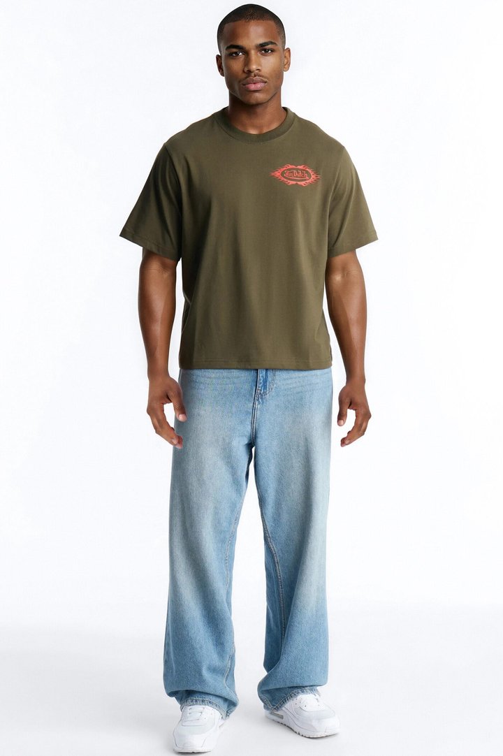 Von Dutch Fire Logo Boxy Heavyweight Short Sleeve Tee - Olive