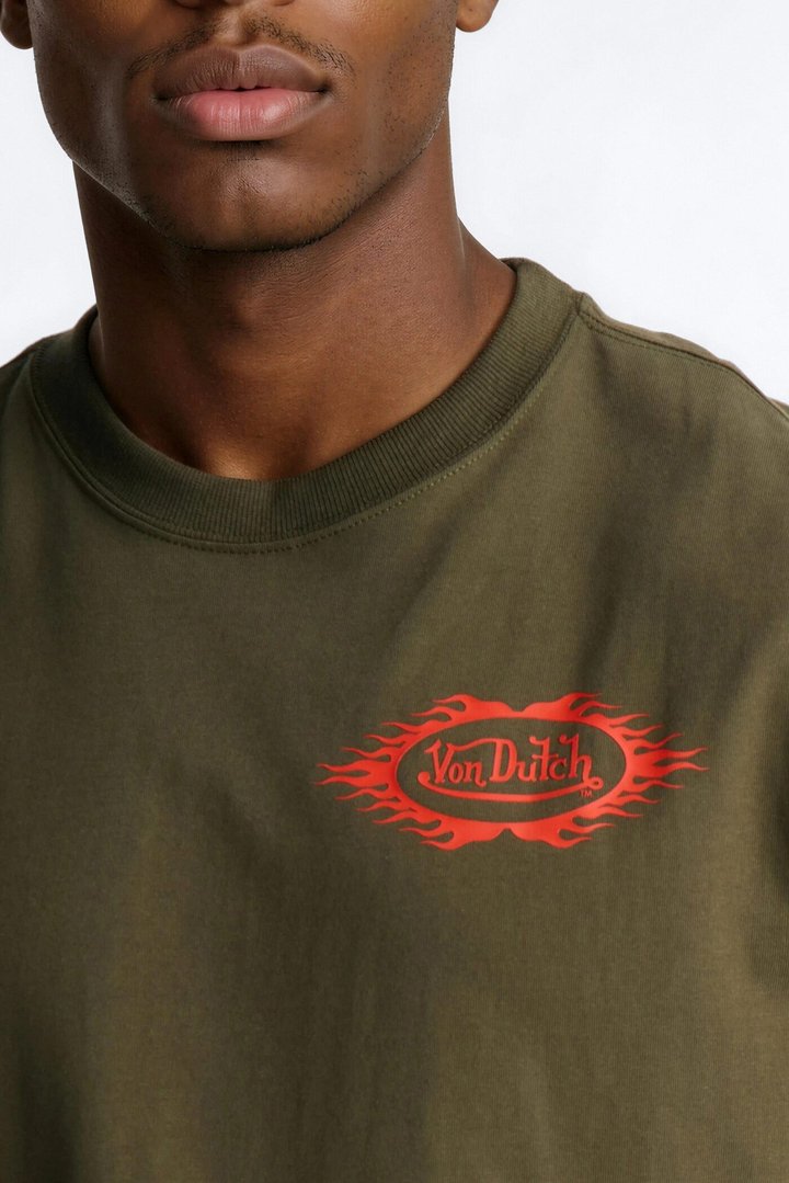 Von Dutch Fire Logo Boxy Heavyweight Short Sleeve Tee - Olive