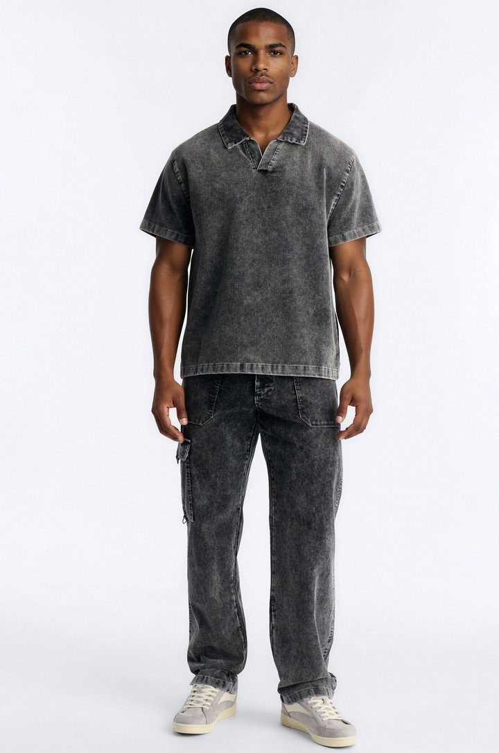 Ohio Corduroy Johnny Collar Polo - Black Wash