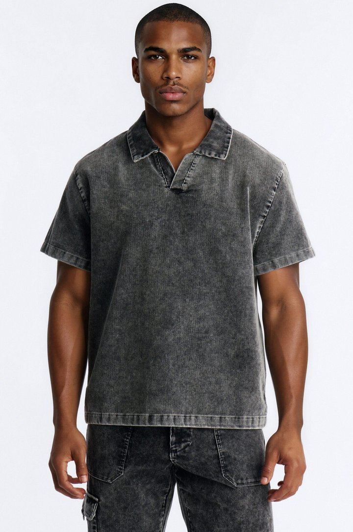 Ohio Corduroy Johnny Collar Polo - Black Wash