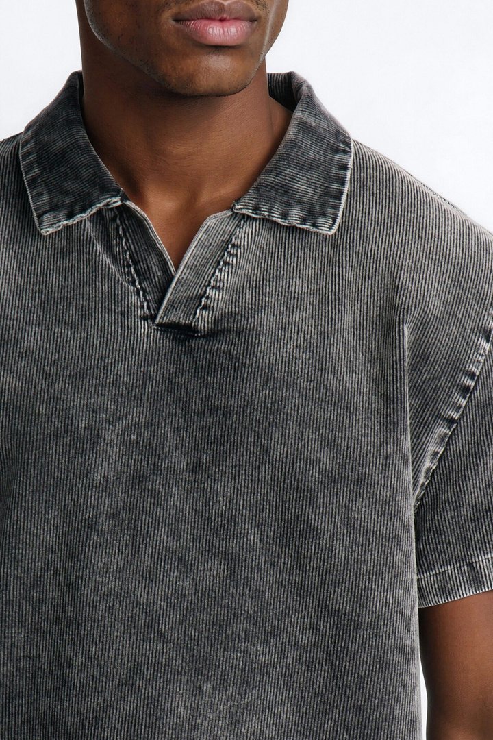 Ohio Corduroy Johnny Collar Polo - Black Wash