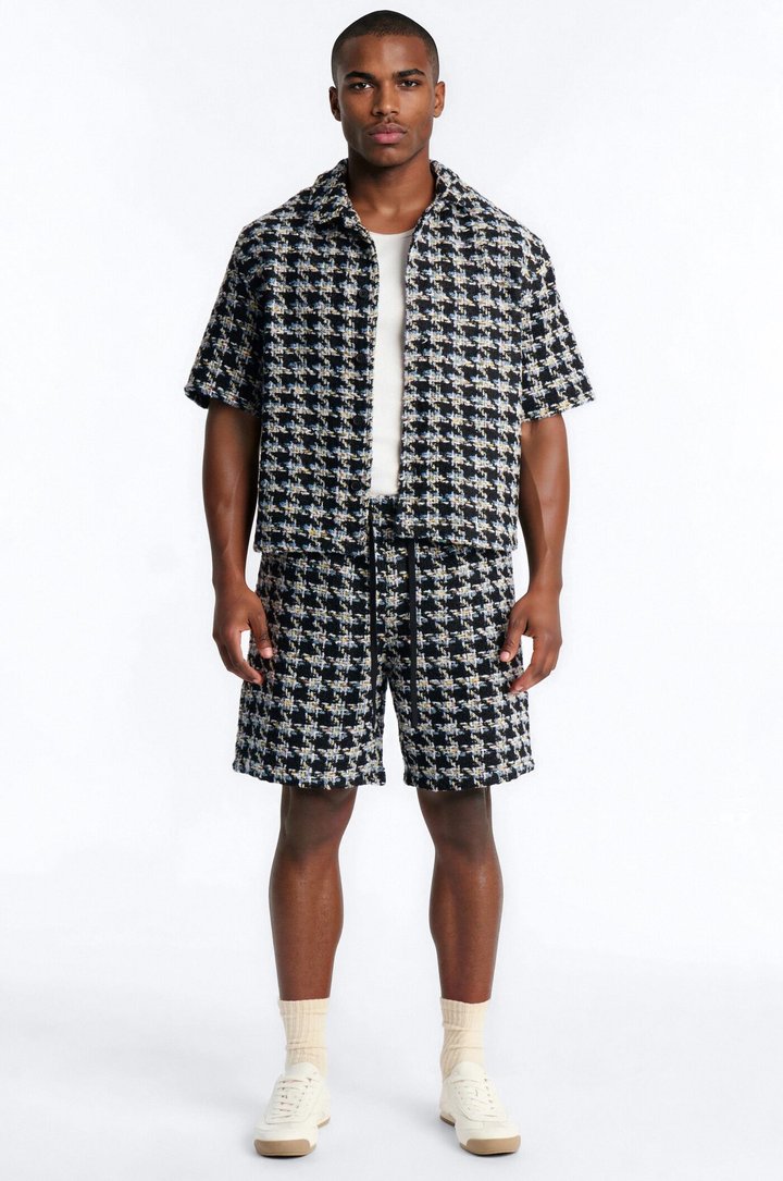 Cropped Relaxed Textured Boucle Houndstooth Button Up Shirt - Black